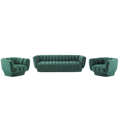 Entertain Vertical Channel Tufted Performance Velvet 3 Piece Set, Velvet, Green, 19181