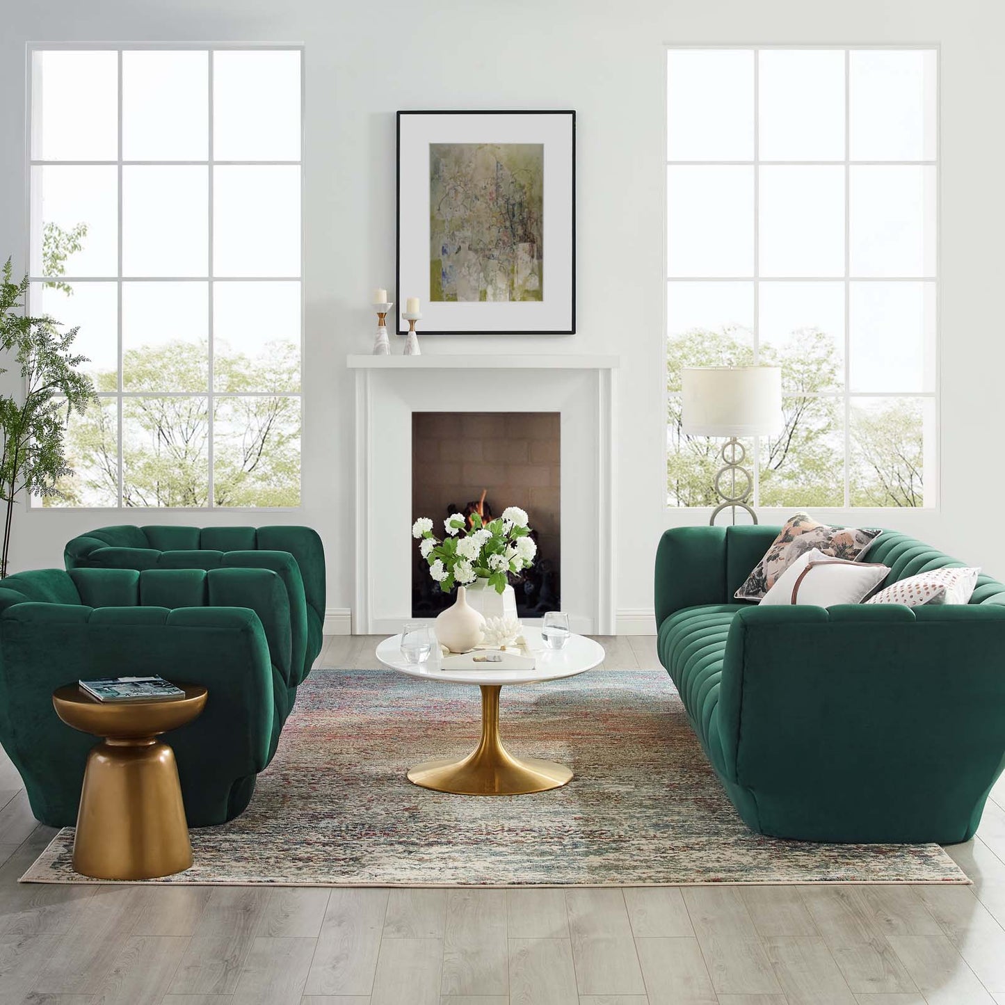 Entertain Vertical Channel Tufted Performance Velvet 3 Piece Set, Velvet, Green, 19181