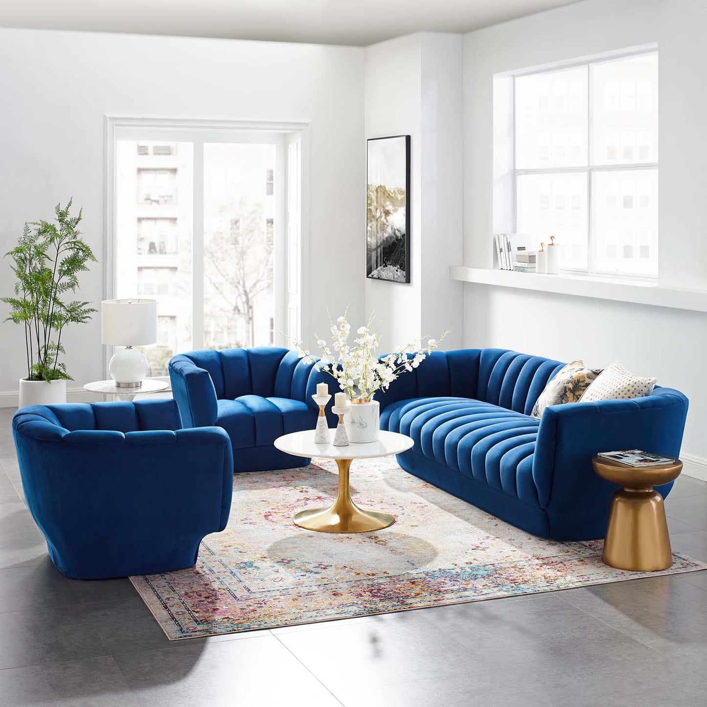 Entertain Vertical Channel Tufted Performance Velvet 3 Piece Set, Velvet, Blue Navy, 19183