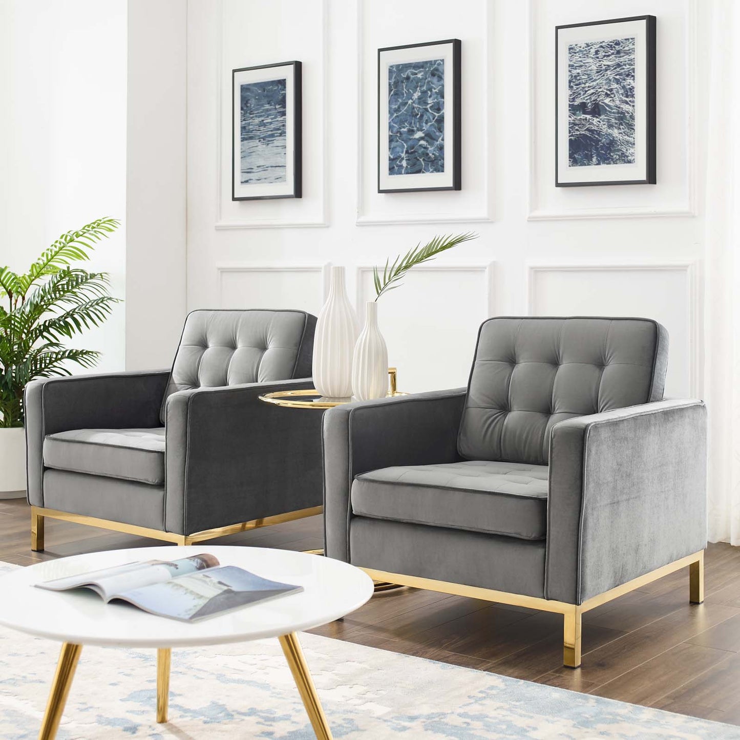 Loft Gold Stainless Steel Leg Performance Velvet Armchair Set of 2, Velvet, Steel, Gold Grey Gray, 19196