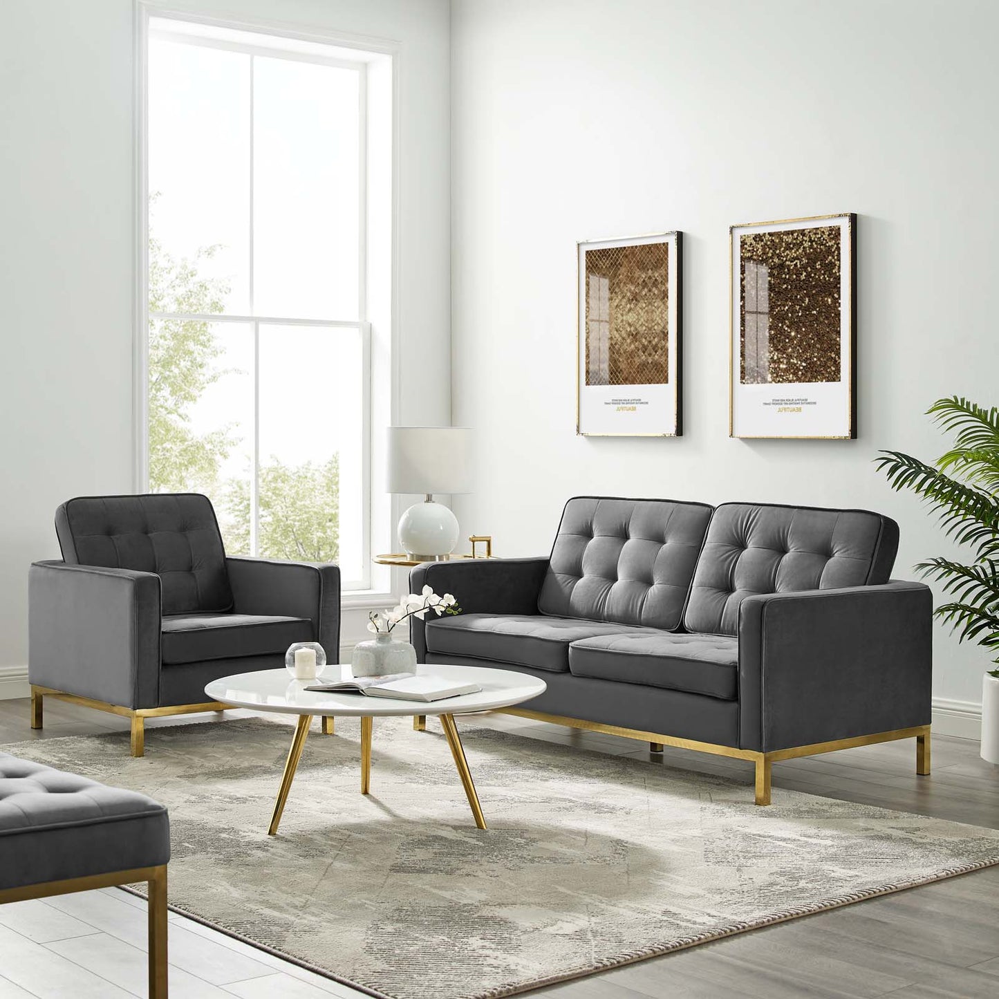 Loft Gold Stainless Steel Leg Performance Velvet Loveseat and Armchair Set, Velvet, Steel, Gold Grey Gray, 19199
