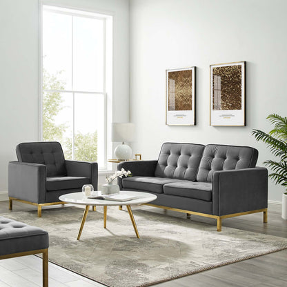 Loft Gold Stainless Steel Leg Performance Velvet Loveseat and Armchair Set, Velvet, Steel, Gold Grey Gray, 19199