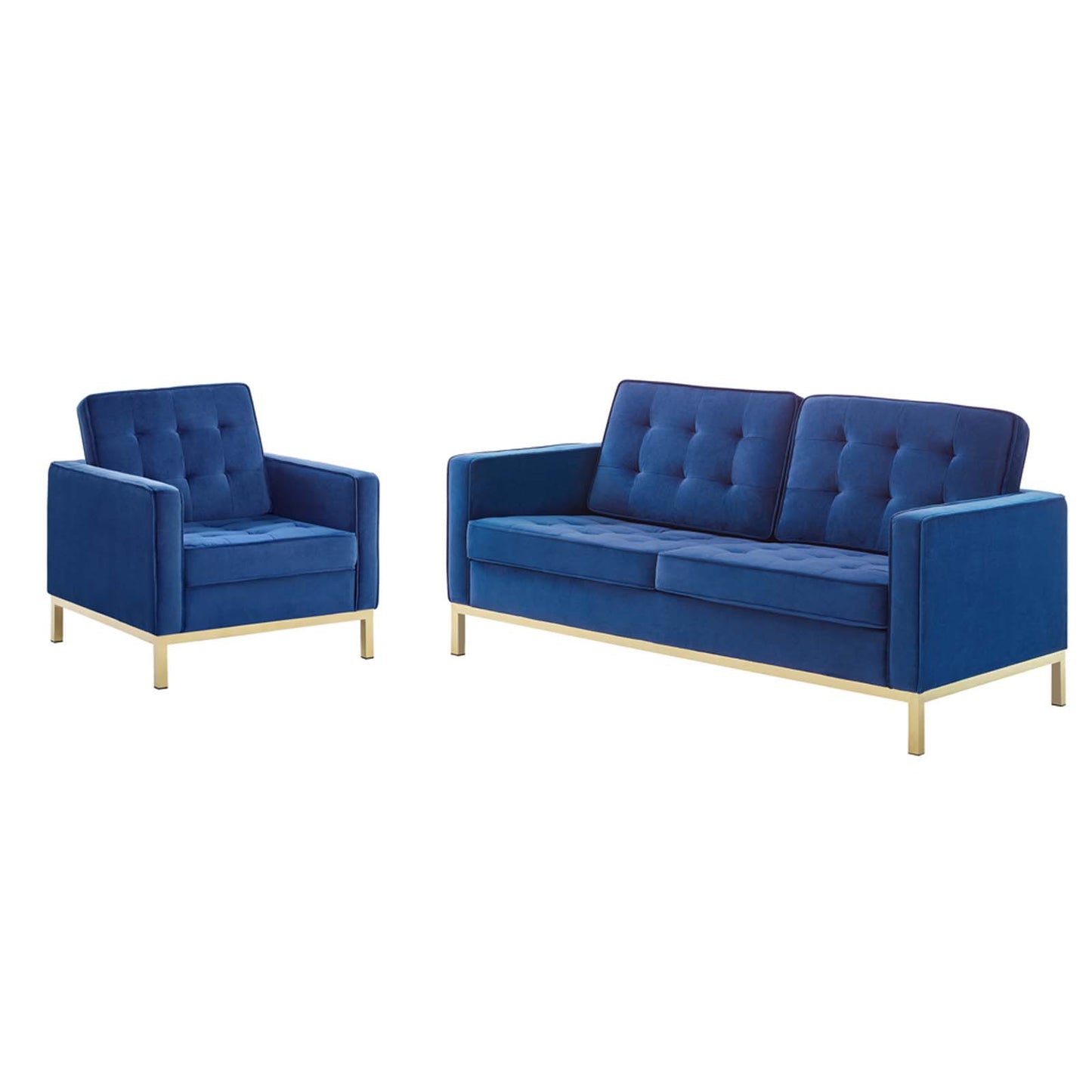 Loft Gold Stainless Steel Leg Performance Velvet Loveseat and Armchair Set, Velvet, Steel, Gold Blue Navy, 19200