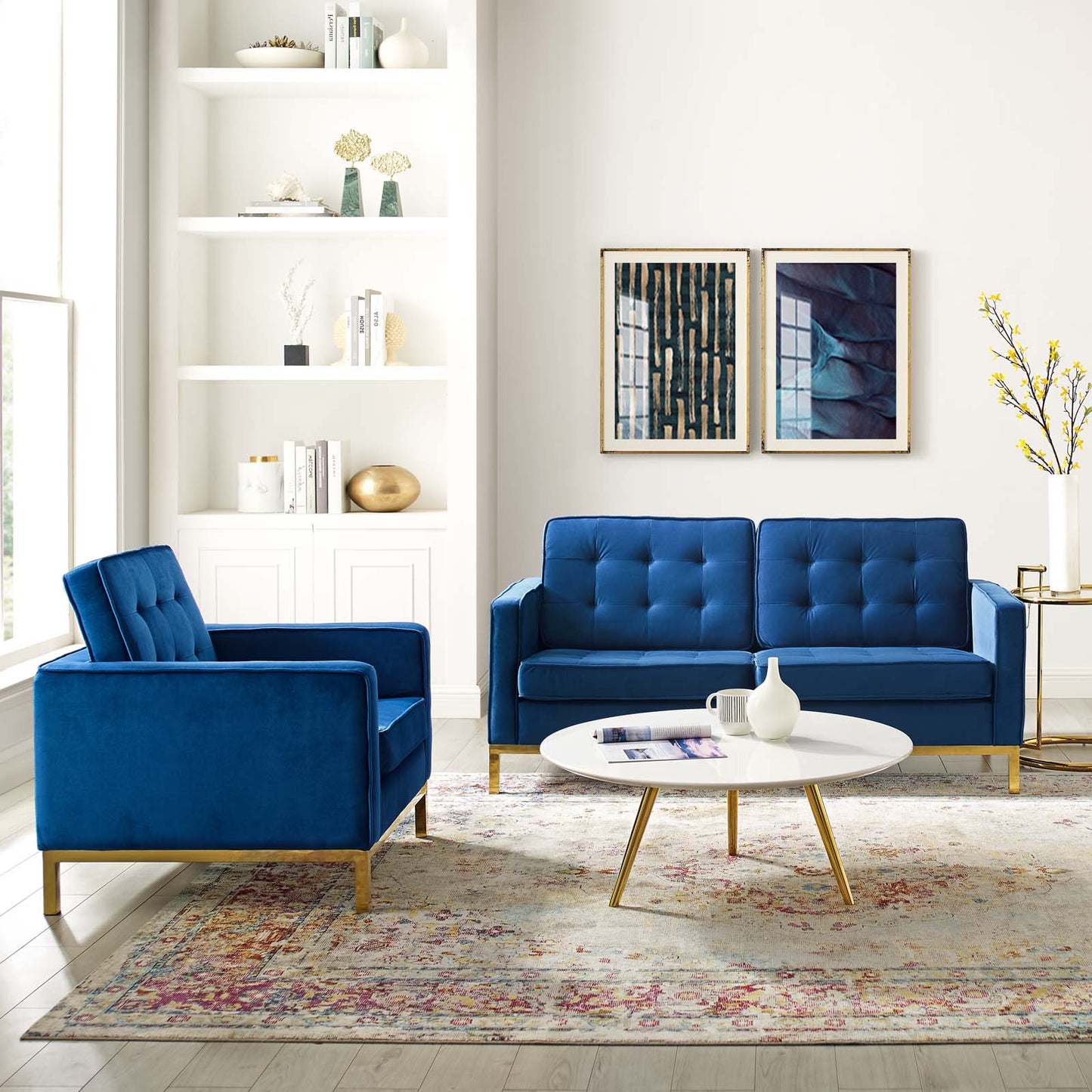 Loft Gold Stainless Steel Leg Performance Velvet Loveseat and Armchair Set, Velvet, Steel, Gold Blue Navy, 19200