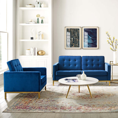 Loft Gold Stainless Steel Leg Performance Velvet Loveseat and Armchair Set, Velvet, Steel, Gold Blue Navy, 19200