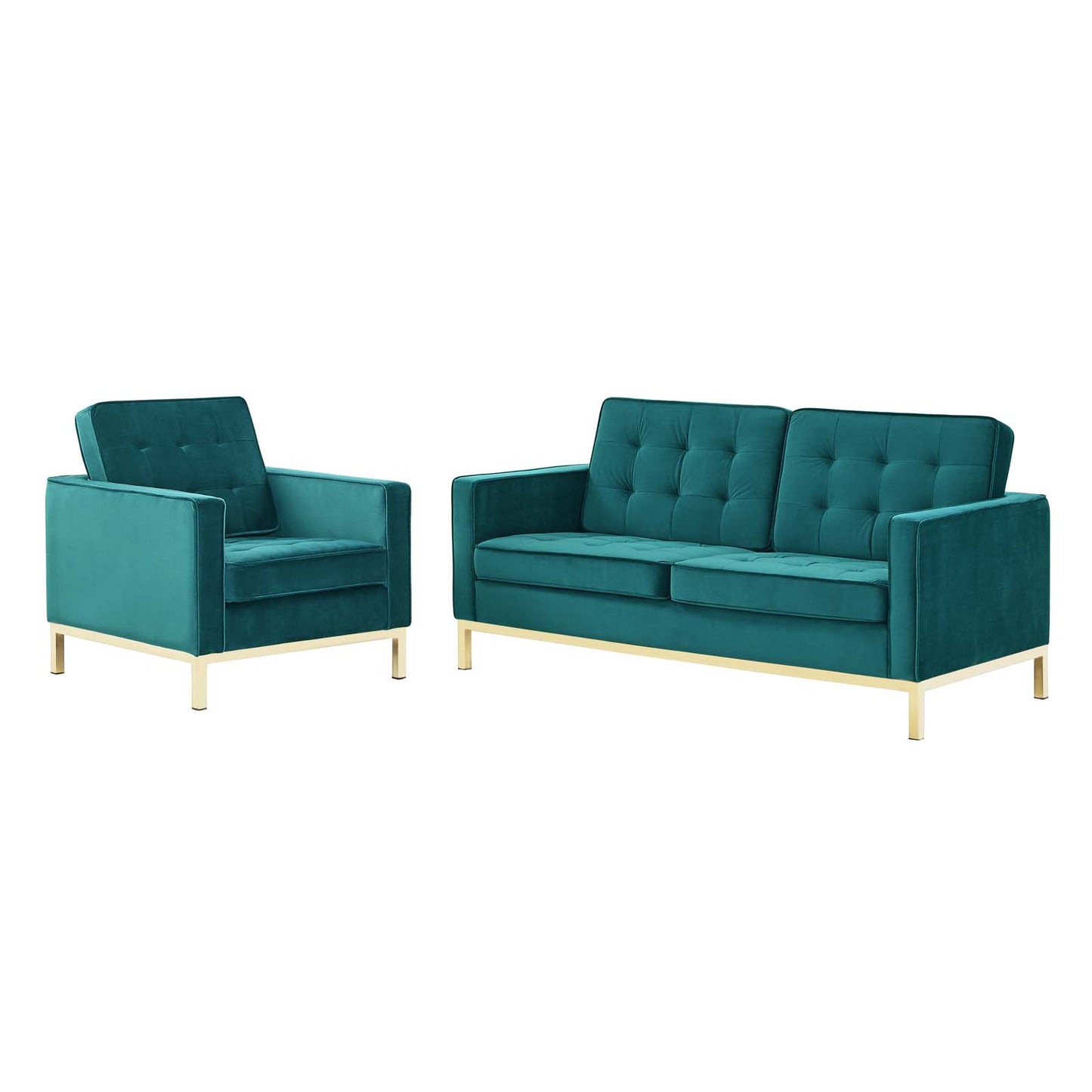 Loft Gold Stainless Steel Leg Performance Velvet Loveseat and Armchair Set, Velvet, Steel, Gold Teal Blue, 19201