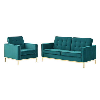 Loft Gold Stainless Steel Leg Performance Velvet Loveseat and Armchair Set, Velvet, Steel, Gold Teal Blue, 19201
