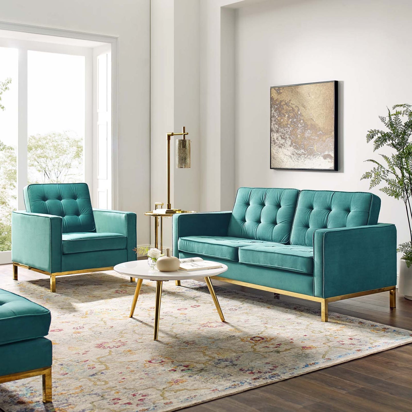 Loft Gold Stainless Steel Leg Performance Velvet Loveseat and Armchair Set, Velvet, Steel, Gold Teal Blue, 19201