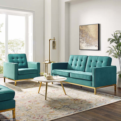 Loft Gold Stainless Steel Leg Performance Velvet Loveseat and Armchair Set, Velvet, Steel, Gold Teal Blue, 19201