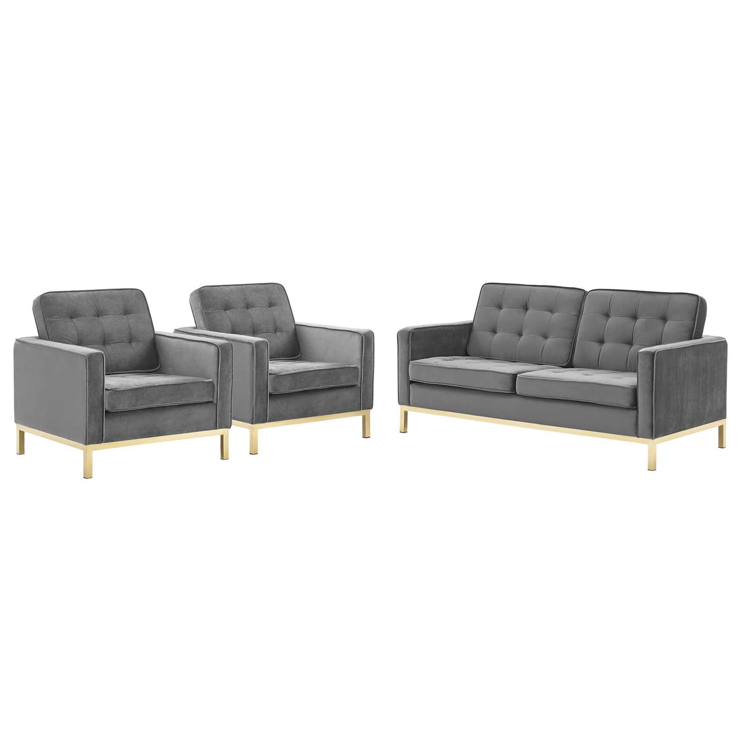 Loft Gold Stainless Steel Leg Performance Velvet 3 Piece Set, Velvet, Steel, Gold Grey Gray, 19202