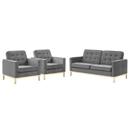 Loft Gold Stainless Steel Leg Performance Velvet 3 Piece Set, Velvet, Steel, Gold Grey Gray, 19202