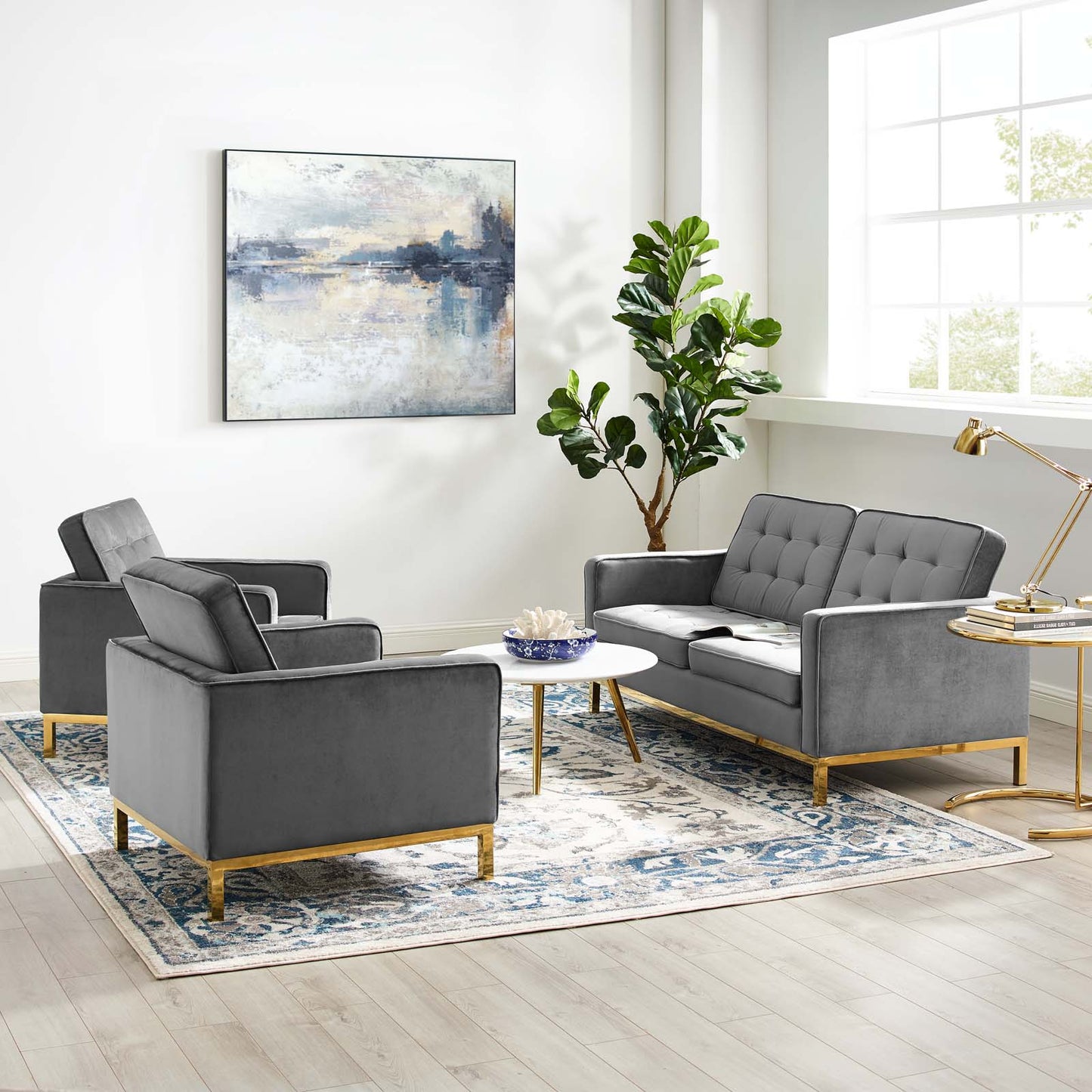 Loft Gold Stainless Steel Leg Performance Velvet 3 Piece Set, Velvet, Steel, Gold Grey Gray, 19202