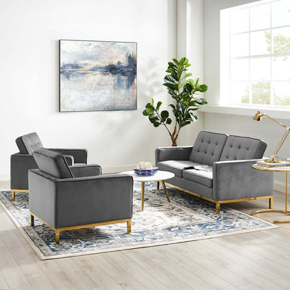 Loft Gold Stainless Steel Leg Performance Velvet 3 Piece Set, Velvet, Steel, Gold Grey Gray, 19202