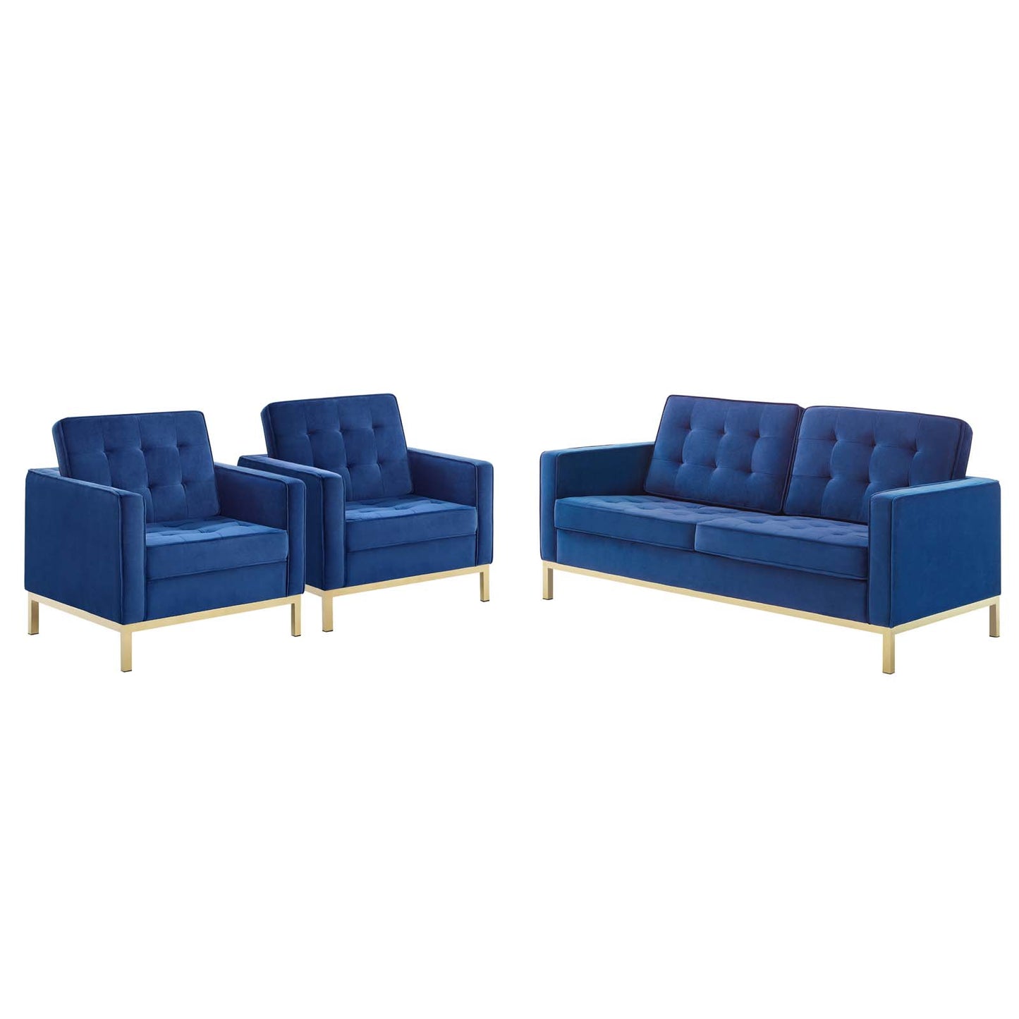 Loft Gold Stainless Steel Leg Performance Velvet 3 Piece Set, Velvet, Steel, Gold Blue Navy, 19203