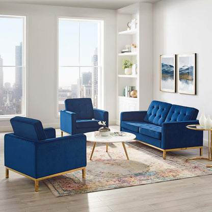 Loft Gold Stainless Steel Leg Performance Velvet 3 Piece Set, Velvet, Steel, Gold Blue Navy, 19203
