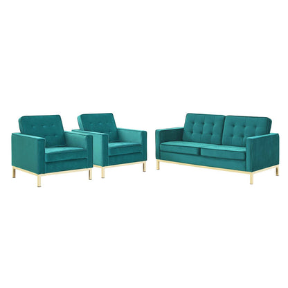 Loft Gold Stainless Steel Leg Performance Velvet 3 Piece Set, Velvet, Steel, Gold Teal Blue, 19204