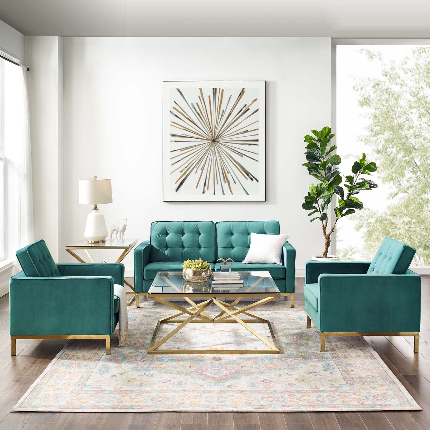 Loft Gold Stainless Steel Leg Performance Velvet 3 Piece Set, Velvet, Steel, Gold Teal Blue, 19204