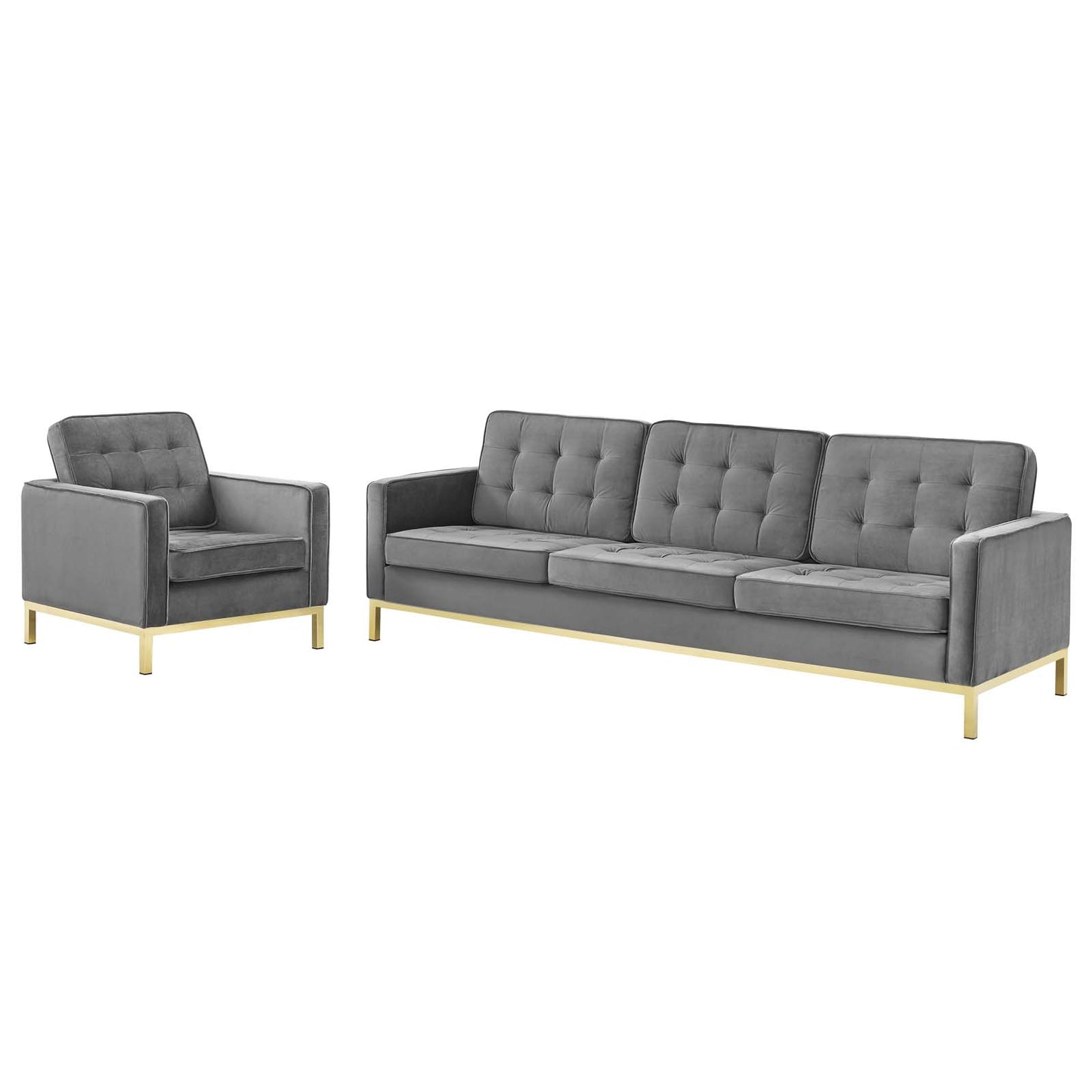 Loft Gold Stainless Steel Leg Performance Velvet Sofa and Armchair Set, Velvet, Steel, Gold Grey Gray, 19205