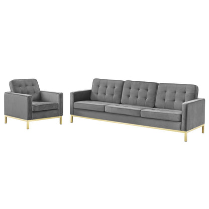 Loft Gold Stainless Steel Leg Performance Velvet Sofa and Armchair Set, Velvet, Steel, Gold Grey Gray, 19205