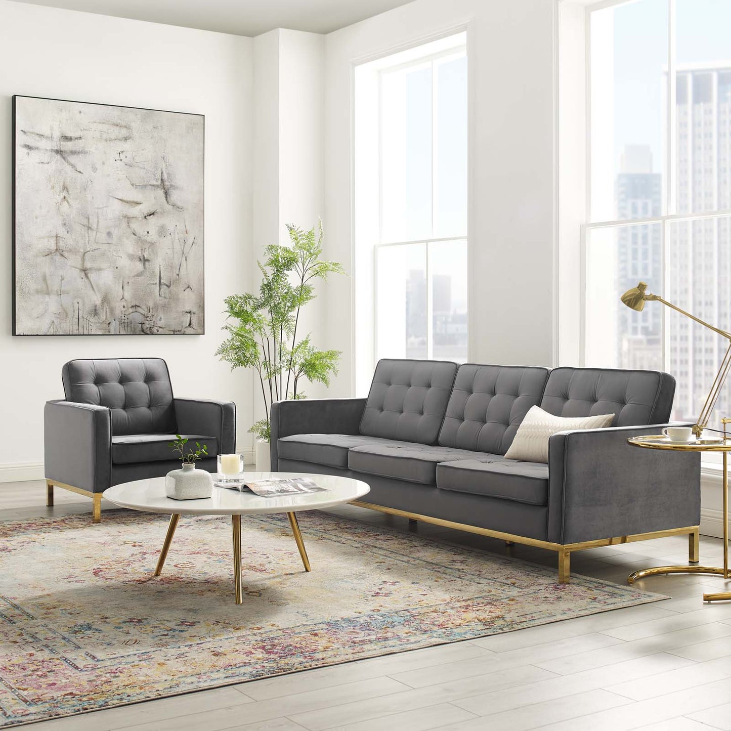 Loft Gold Stainless Steel Leg Performance Velvet Sofa and Armchair Set, Velvet, Steel, Gold Grey Gray, 19205