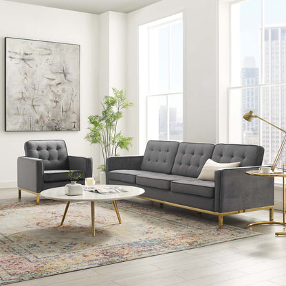Loft Gold Stainless Steel Leg Performance Velvet Sofa and Armchair Set, Velvet, Steel, Gold Grey Gray, 19205