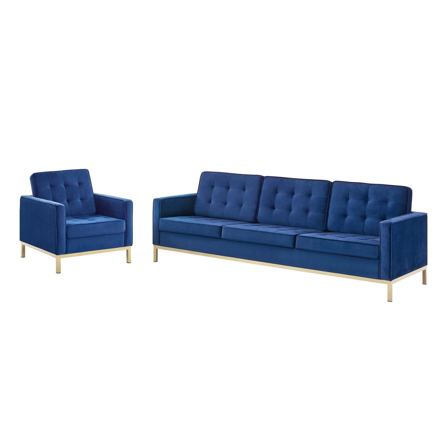 Loft Gold Stainless Steel Leg Performance Velvet Sofa and Armchair Set, Velvet, Steel, Gold Blue Navy, 19206