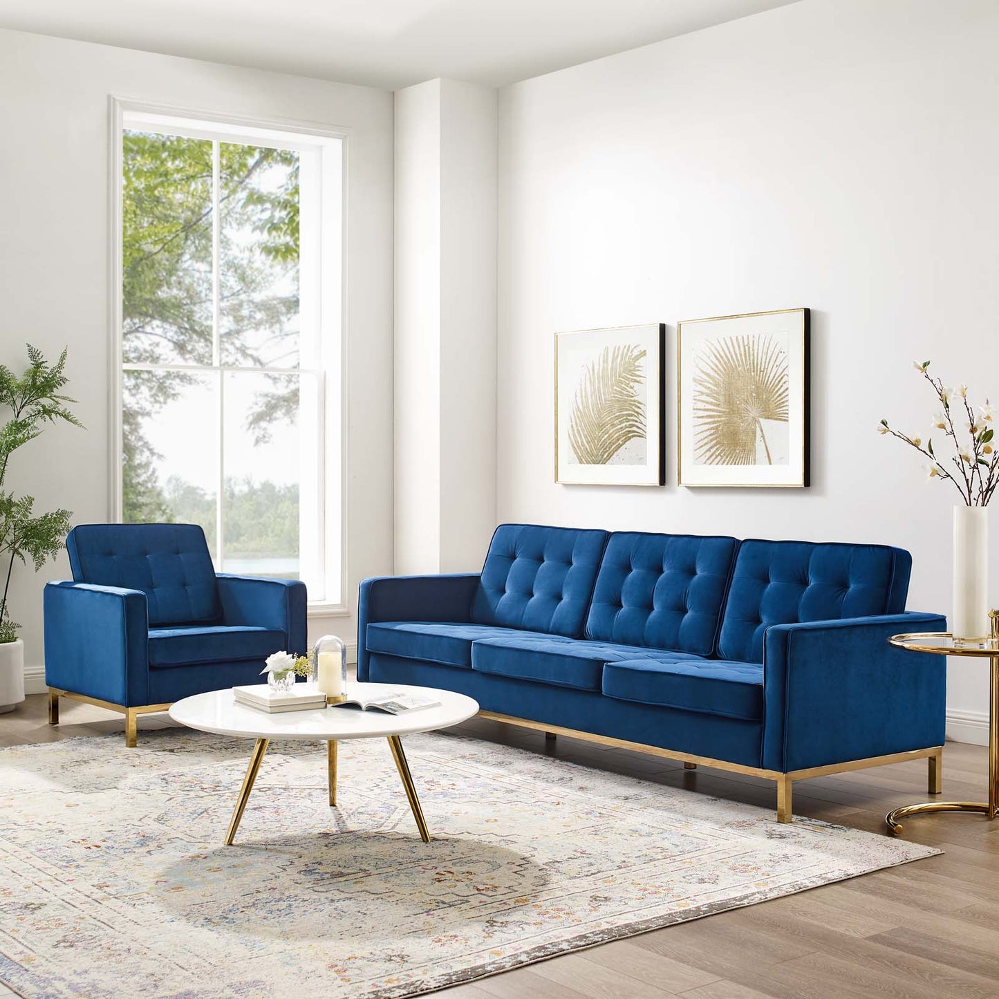 Loft Gold Stainless Steel Leg Performance Velvet Sofa and Armchair Set, Velvet, Steel, Gold Blue Navy, 19206