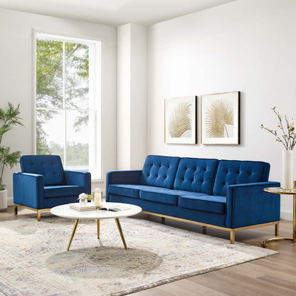 Loft Gold Stainless Steel Leg Performance Velvet Sofa and Armchair Set, Velvet, Steel, Gold Blue Navy, 19206