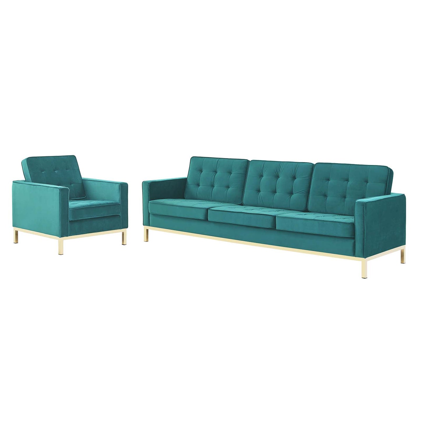 Loft Gold Stainless Steel Leg Performance Velvet Sofa and Armchair Set, Velvet, Steel, Gold Teal Blue, 19207