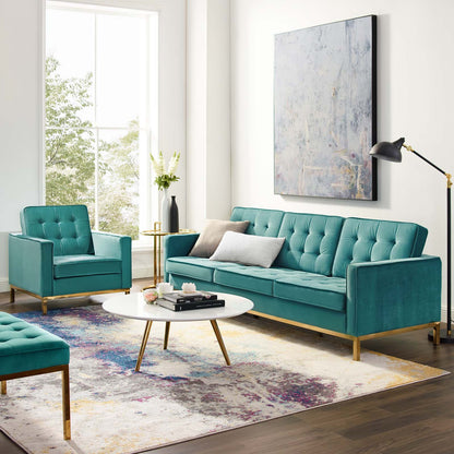 Loft Gold Stainless Steel Leg Performance Velvet Sofa and Armchair Set, Velvet, Steel, Gold Teal Blue, 19207
