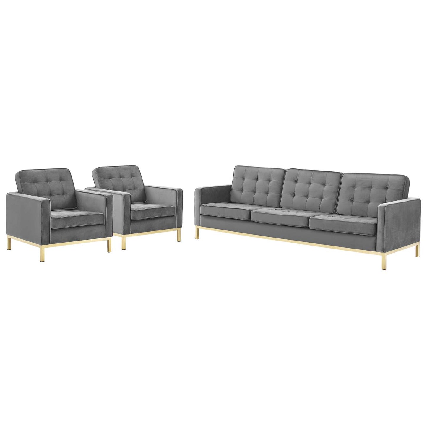 Loft Gold Stainless Steel Leg Performance Velvet 3 Piece Set, Velvet, Steel, Gold Grey Gray, 19208