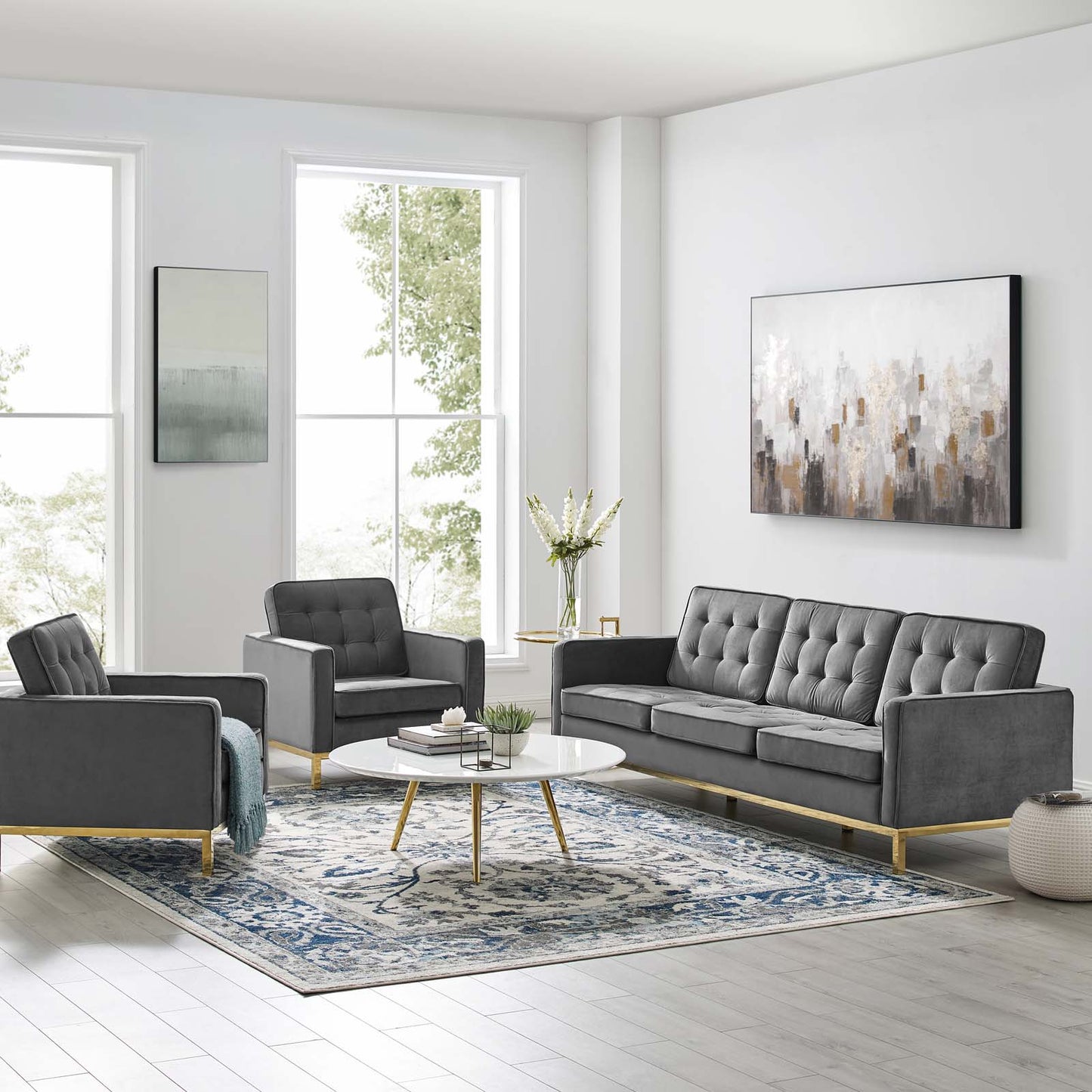 Loft Gold Stainless Steel Leg Performance Velvet 3 Piece Set, Velvet, Steel, Gold Grey Gray, 19208