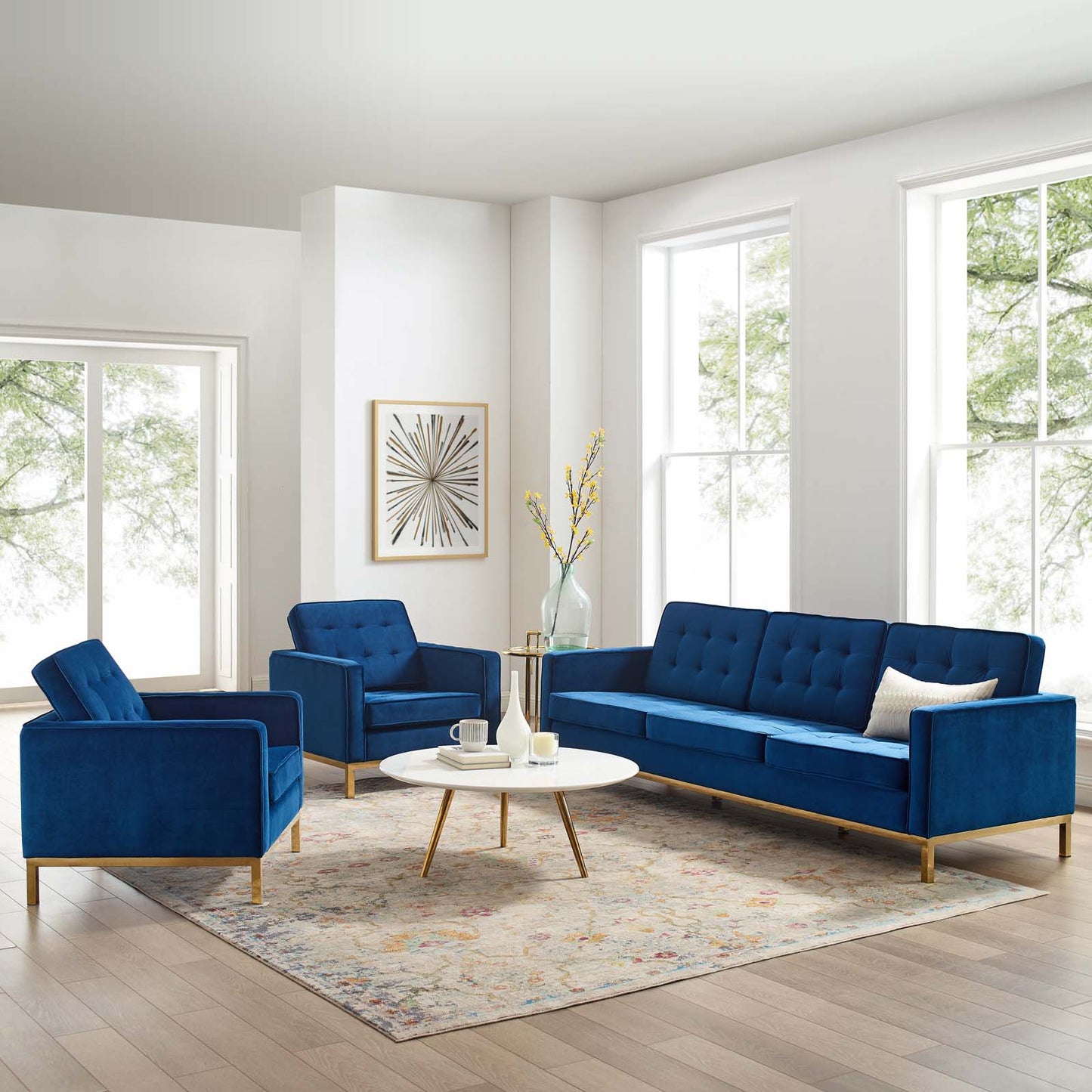 Loft Gold Stainless Steel Leg Performance Velvet 3 Piece Set, Velvet, Steel, Gold Blue Navy, 19209