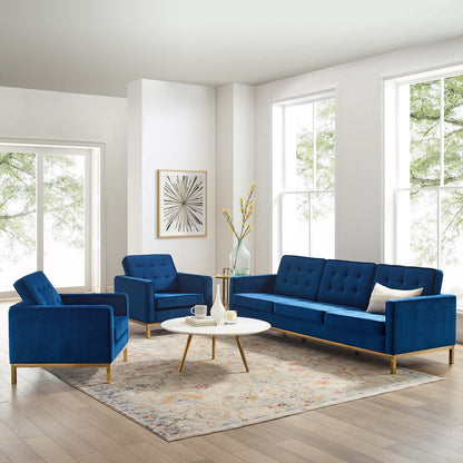 Loft Gold Stainless Steel Leg Performance Velvet 3 Piece Set, Velvet, Steel, Gold Blue Navy, 19209