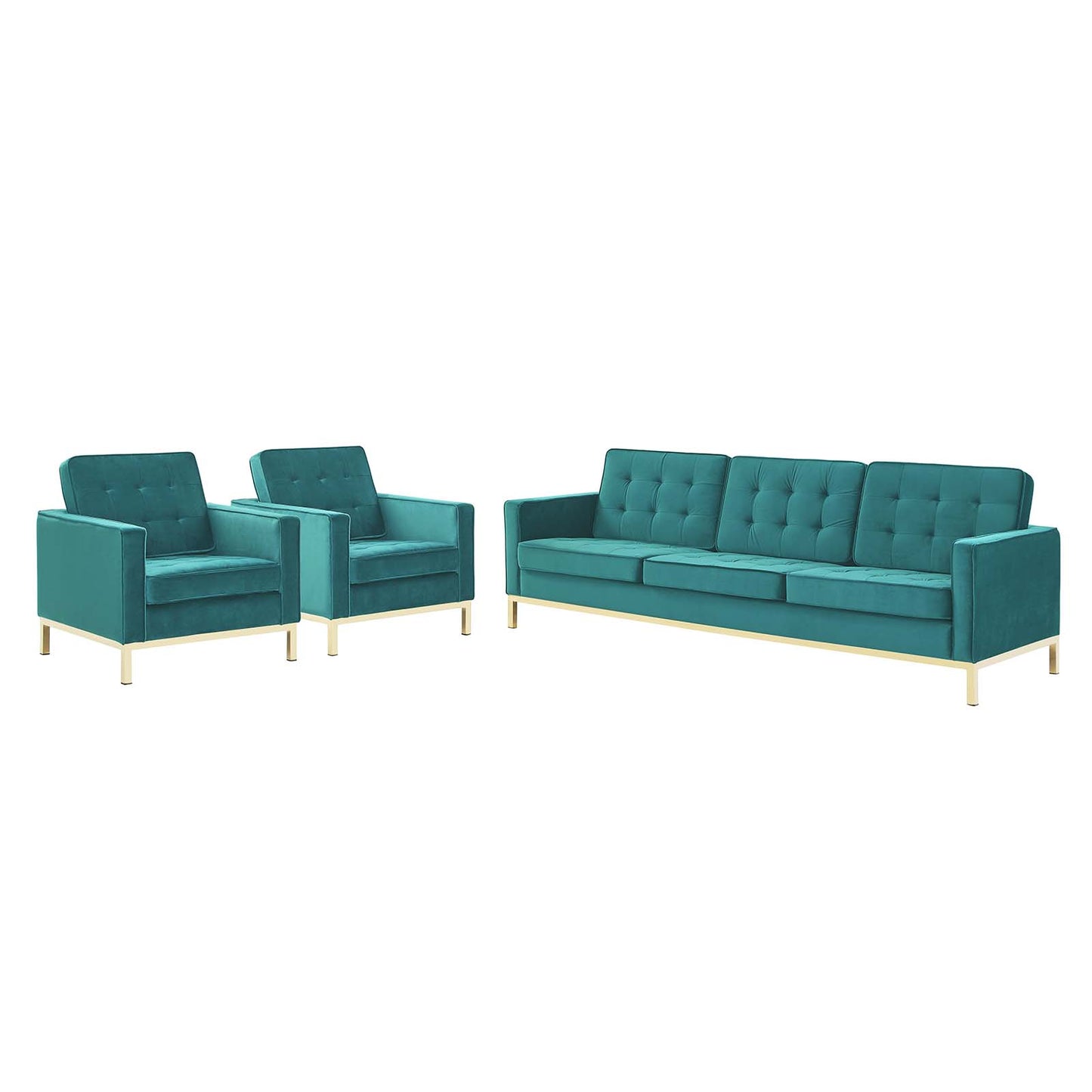 Loft Gold Stainless Steel Leg Performance Velvet 3 Piece Set, Velvet, Steel, Gold Teal Blue, 19210