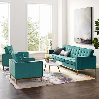 Loft Gold Stainless Steel Leg Performance Velvet 3 Piece Set, Velvet, Steel, Gold Teal Blue, 19210