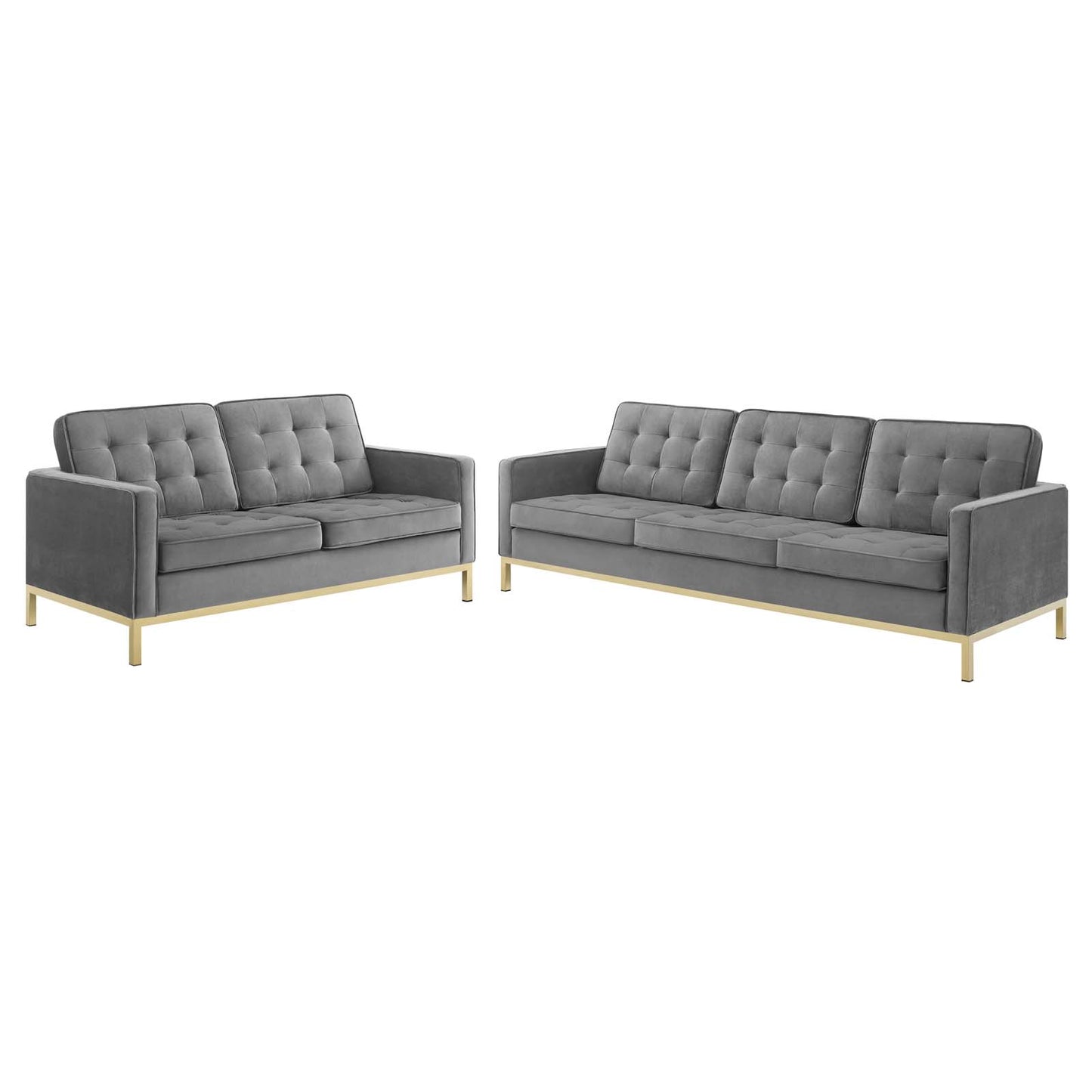 Loft Gold Stainless Steel Leg Performance Velvet Sofa and Loveseat Set, Velvet, Steel, Gold Grey Gray, 19211