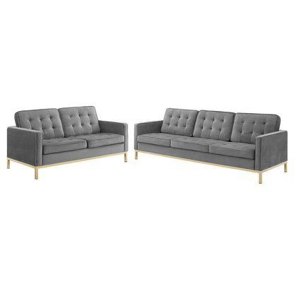 Loft Gold Stainless Steel Leg Performance Velvet Sofa and Loveseat Set, Velvet, Steel, Gold Grey Gray, 19211
