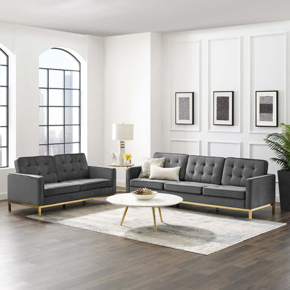 Loft Gold Stainless Steel Leg Performance Velvet Sofa and Loveseat Set, Velvet, Steel, Gold Grey Gray, 19211