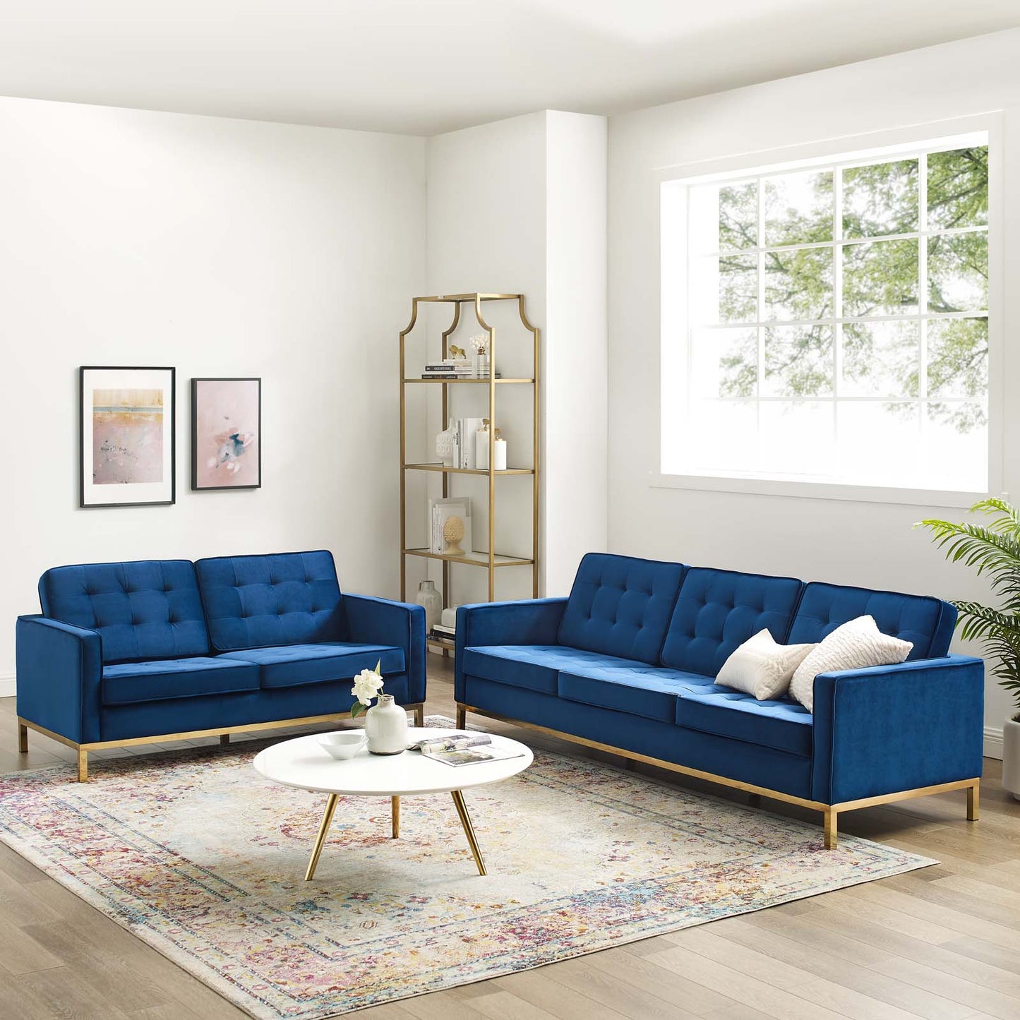 Loft Gold Stainless Steel Leg Performance Velvet Sofa and Loveseat Set, Velvet, Steel, Gold Blue Navy, 19212