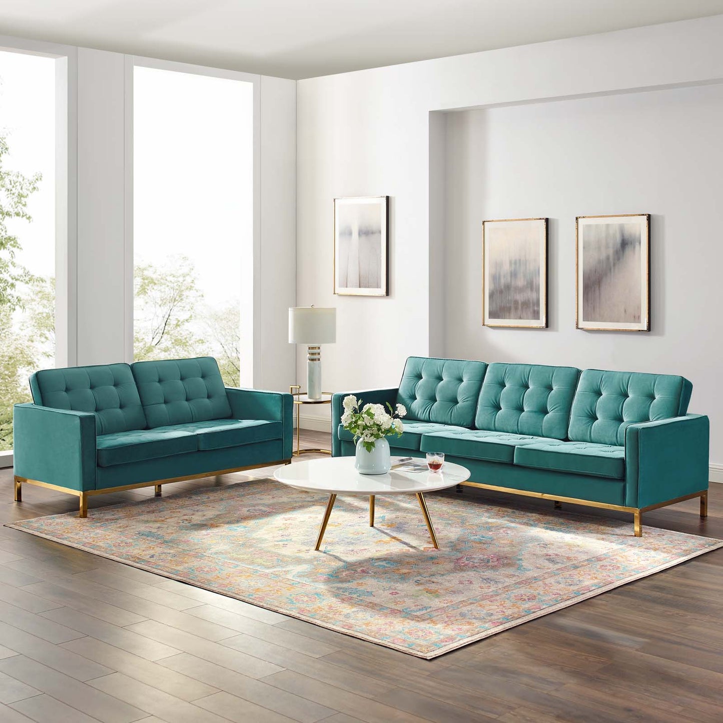 Loft Gold Stainless Steel Leg Performance Velvet Sofa and Loveseat Set, Velvet, Steel, Gold Teal Blue, 19213
