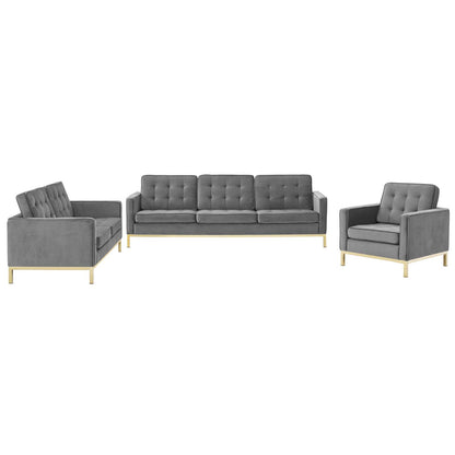 Loft Gold Stainless Steel Leg Performance Velvet 3 Piece Set, Velvet, Steel, Gold Grey Gray, 19214