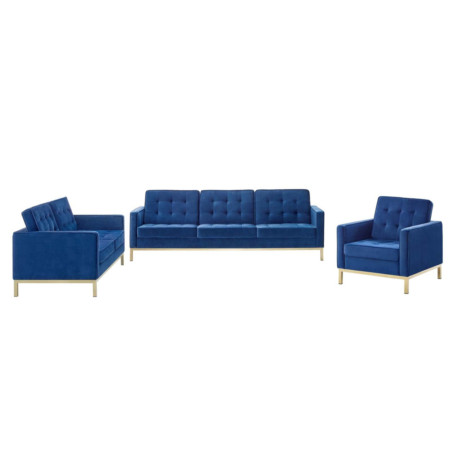 Loft Gold Stainless Steel Leg Performance Velvet 3 Piece Set, Velvet, Steel, Gold Blue Navy, 19215