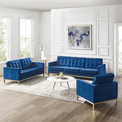 Loft Gold Stainless Steel Leg Performance Velvet 3 Piece Set, Velvet, Steel, Gold Blue Navy, 19215