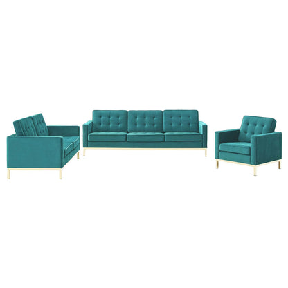 Loft Gold Stainless Steel Leg Performance Velvet 3 Piece Set, Velvet, Steel, Gold Teal Blue, 19216