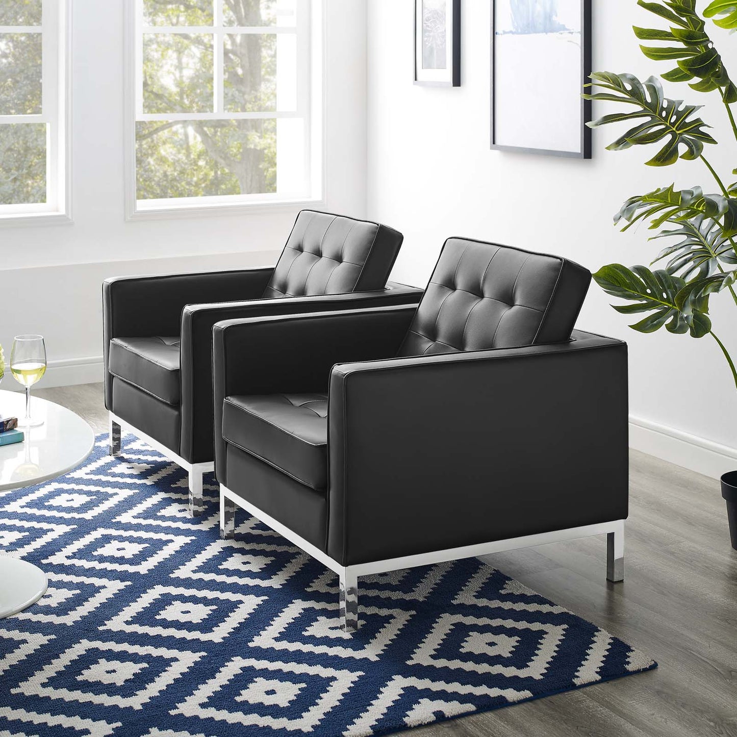Loft Tufted Upholstered Faux Leather Armchair Set of 2, Faux Leather, Silver Black, 19217