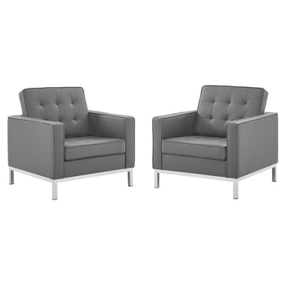 Loft Tufted Upholstered Faux Leather Armchair Set of 2, Faux Leather, Silver Grey Gray, 19218