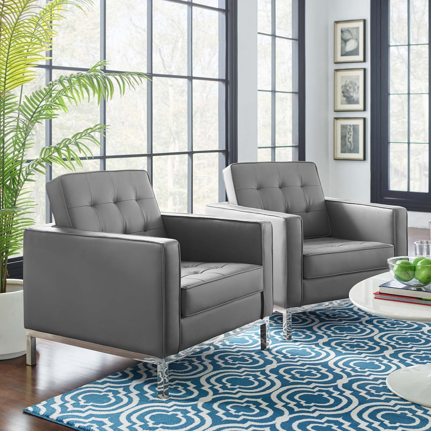 Loft Tufted Upholstered Faux Leather Armchair Set of 2, Faux Leather, Silver Grey Gray, 19218