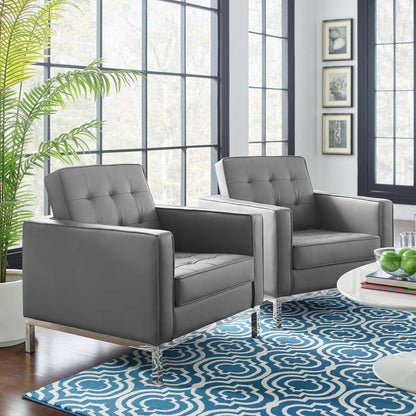 Loft Tufted Upholstered Faux Leather Armchair Set of 2, Faux Leather, Silver Grey Gray, 19218