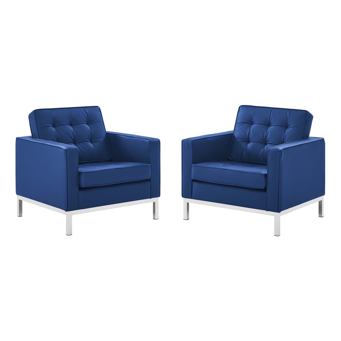Loft Tufted Upholstered Faux Leather Armchair Set of 2, Faux Leather, Silver Blue Navy, 19219